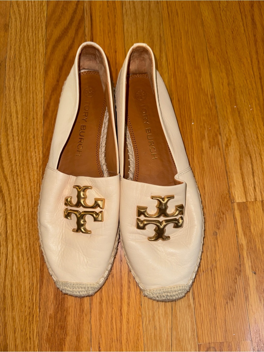Tory Burch Cream Leather Espadrille Flats with Gold Logo Accent
